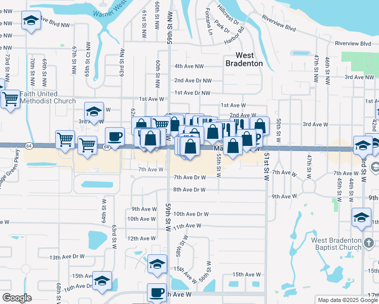 map of restaurants, bars, coffee shops, grocery stores, and more near 5657 Manatee Avenue West in Bradenton