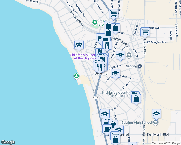 map of restaurants, bars, coffee shops, grocery stores, and more near 127 North Franklin Street in Sebring