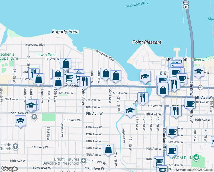 map of restaurants, bars, coffee shops, grocery stores, and more near 2210 6th Avenue West in Bradenton