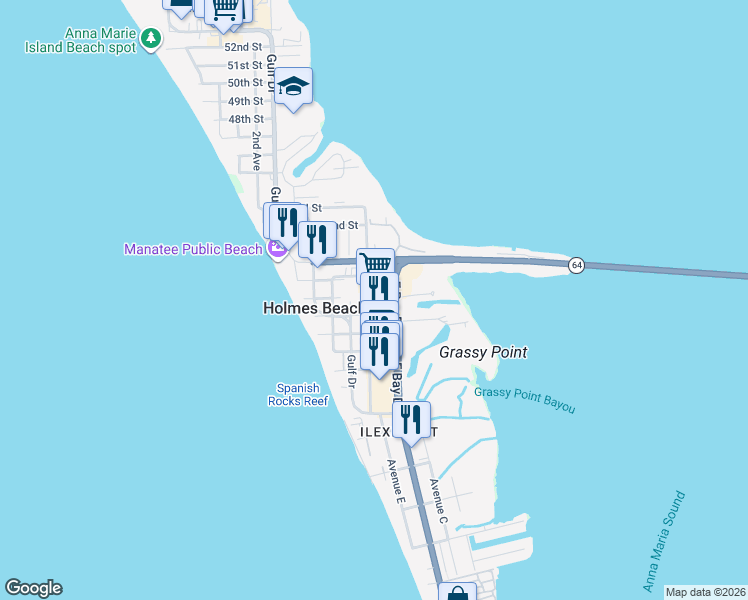 map of restaurants, bars, coffee shops, grocery stores, and more near 3900 East Bay Drive in Holmes Beach