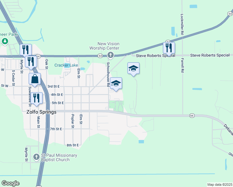 map of restaurants, bars, coffee shops, grocery stores, and more near 3215 School House Road in Zolfo Springs