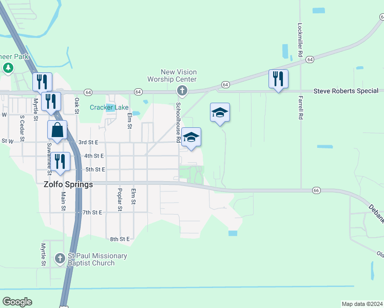 map of restaurants, bars, coffee shops, grocery stores, and more near 3215 School House Road in Zolfo Springs