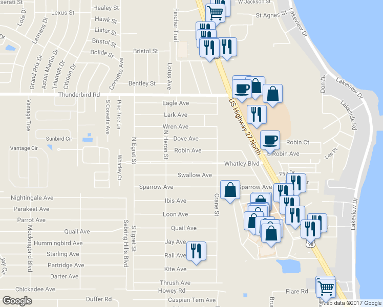 map of restaurants, bars, coffee shops, grocery stores, and more near 218 Robin Avenue in Sebring