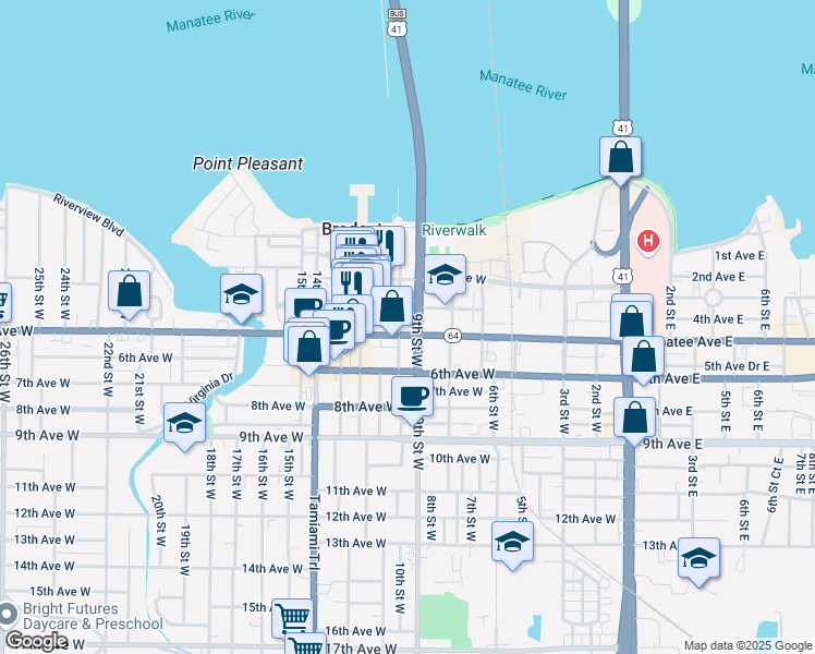 map of restaurants, bars, coffee shops, grocery stores, and more near 512 10th Street West in Bradenton
