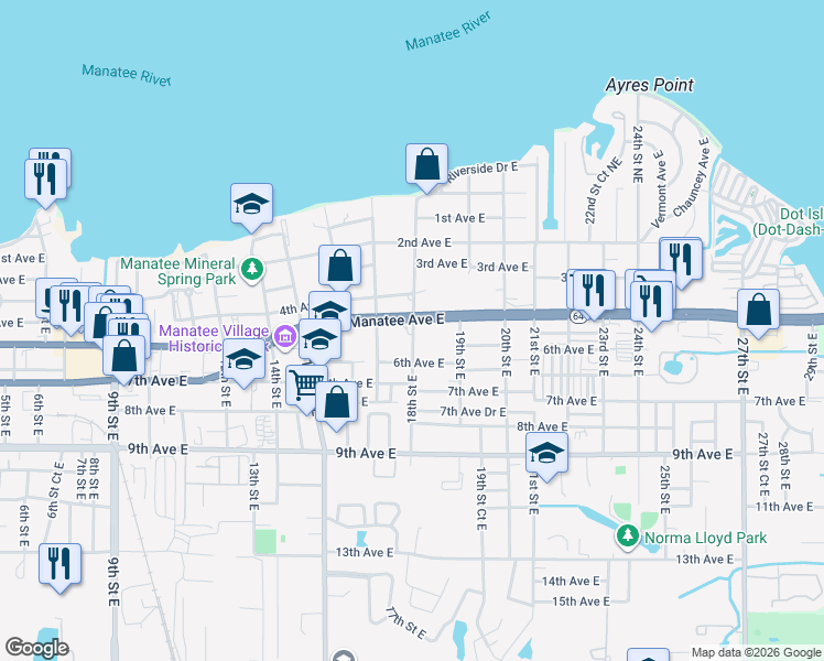 map of restaurants, bars, coffee shops, grocery stores, and more near 520 18th Street Northeast in Bradenton