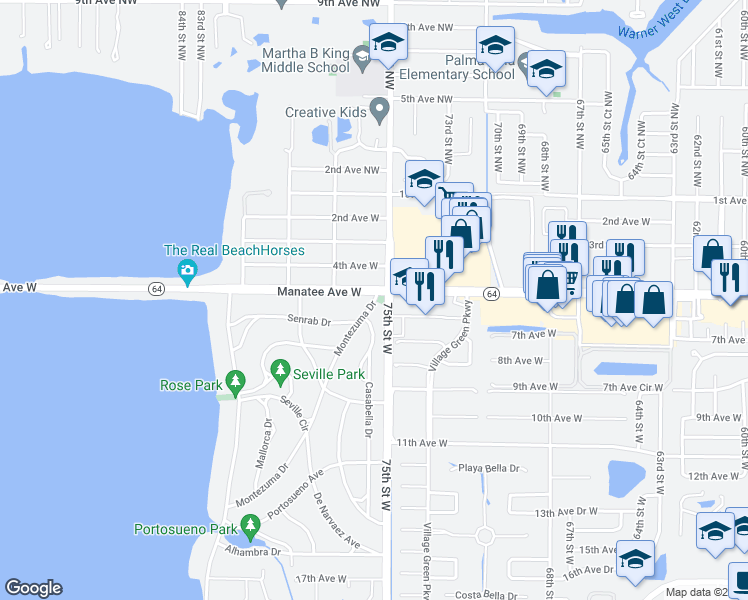 map of restaurants, bars, coffee shops, grocery stores, and more near 7600 Senrab Drive in Bradenton