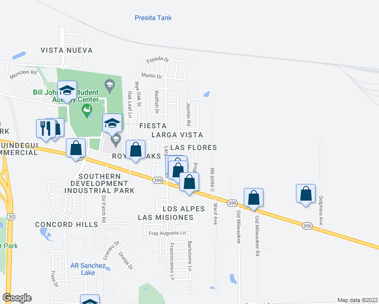 map of restaurants, bars, coffee shops, grocery stores, and more near 223 Girasol Court in Laredo