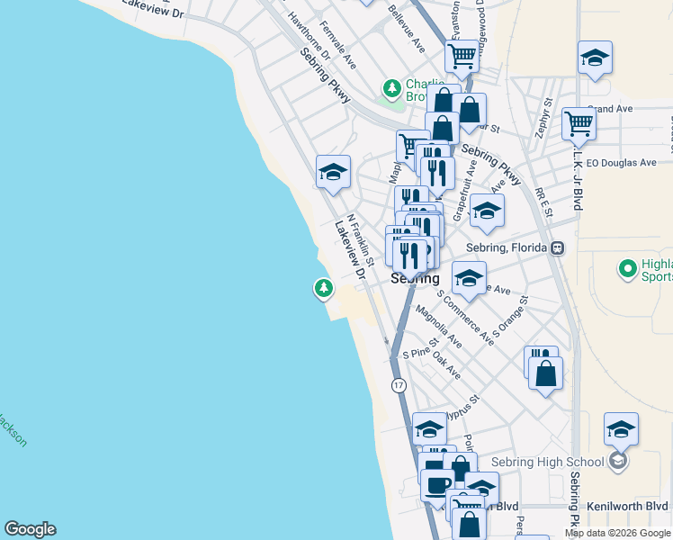 map of restaurants, bars, coffee shops, grocery stores, and more near 2143 Lakeview Drive in Sebring