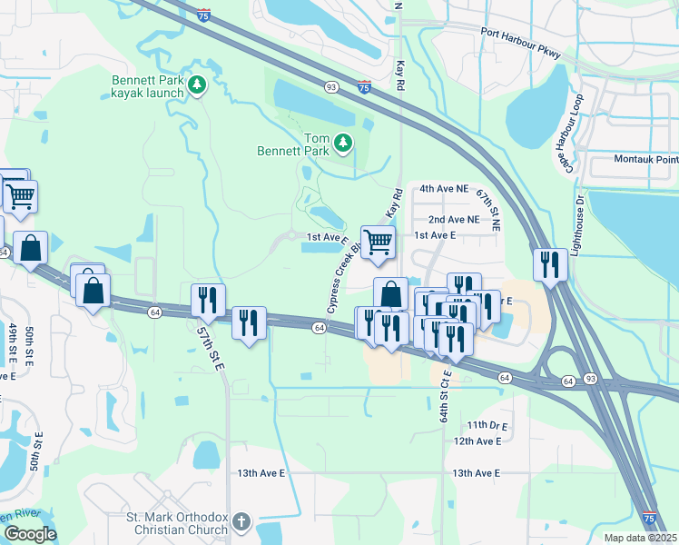 map of restaurants, bars, coffee shops, grocery stores, and more near Cypress Creek Boulevard in Manatee County