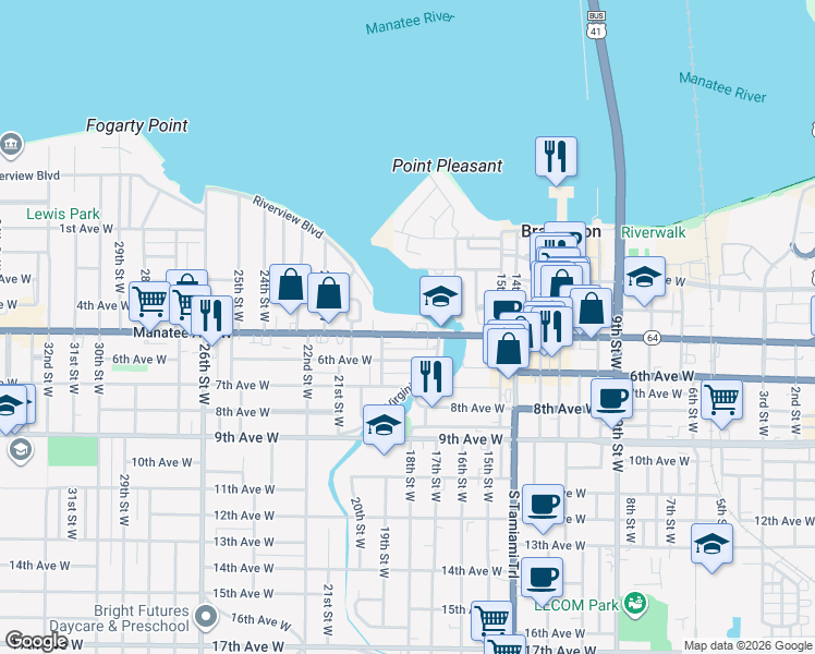 map of restaurants, bars, coffee shops, grocery stores, and more near 1732 Manatee Avenue West in Bradenton