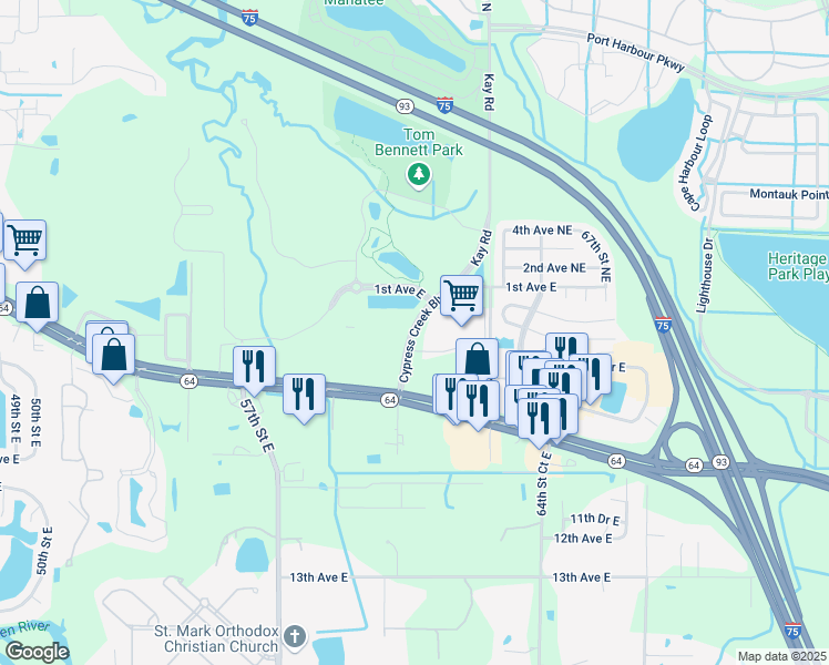 map of restaurants, bars, coffee shops, grocery stores, and more near Cypress Creek Boulevard in Bradenton