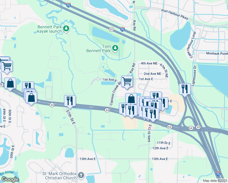 map of restaurants, bars, coffee shops, grocery stores, and more near Cypress Creek Boulevard in Bradenton