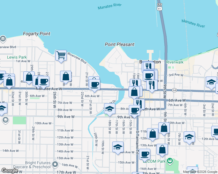 map of restaurants, bars, coffee shops, grocery stores, and more near 1732 Manatee Ave W in Bradenton