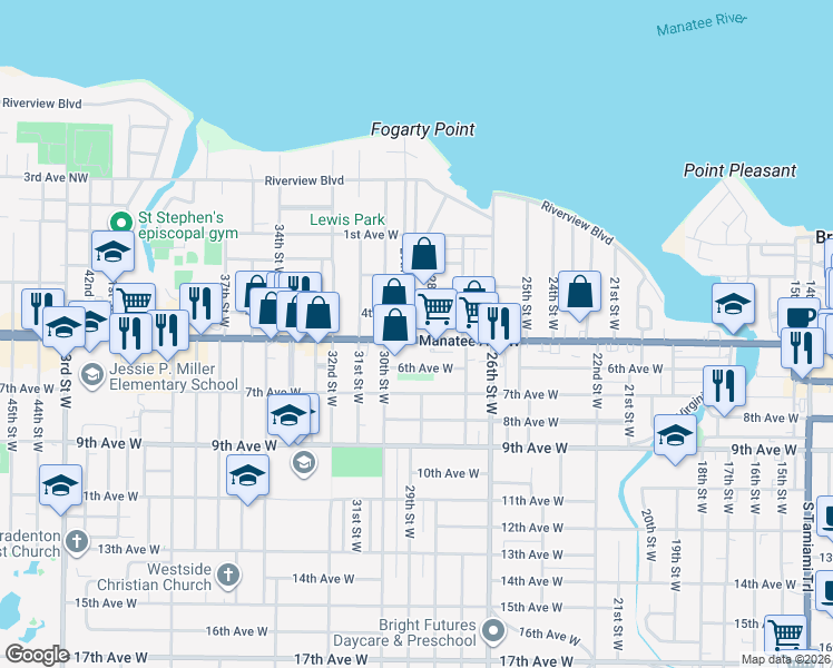 map of restaurants, bars, coffee shops, grocery stores, and more near 404 28th Street Northwest in Bradenton