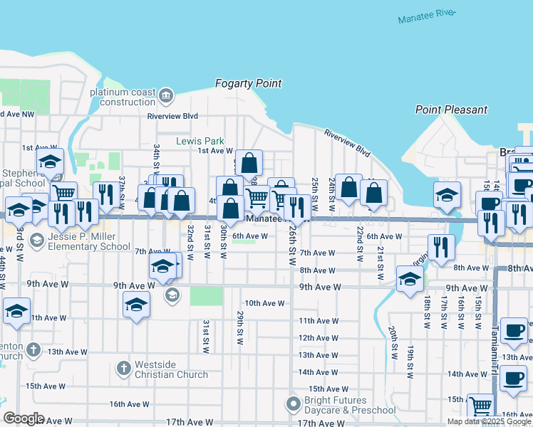 map of restaurants, bars, coffee shops, grocery stores, and more near 401 27th Street West in Bradenton