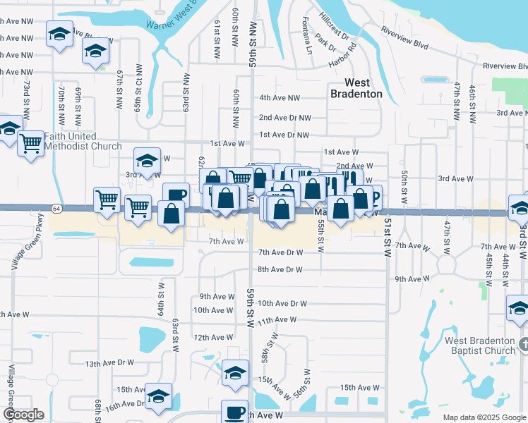 map of restaurants, bars, coffee shops, grocery stores, and more near 5805 Manatee Avenue West in Bradenton
