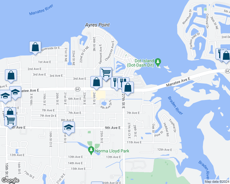 map of restaurants, bars, coffee shops, grocery stores, and more near 505 26th Street East in Bradenton