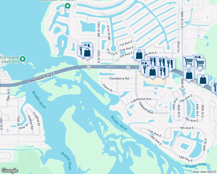 map of restaurants, bars, coffee shops, grocery stores, and more near 3705 Joyce Drive in Bradenton