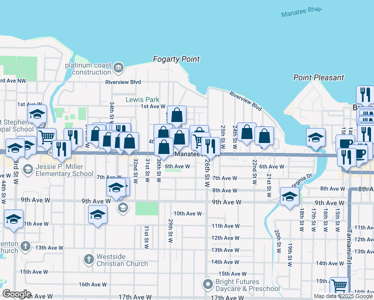 map of restaurants, bars, coffee shops, grocery stores, and more near 401 27th Street West in Bradenton