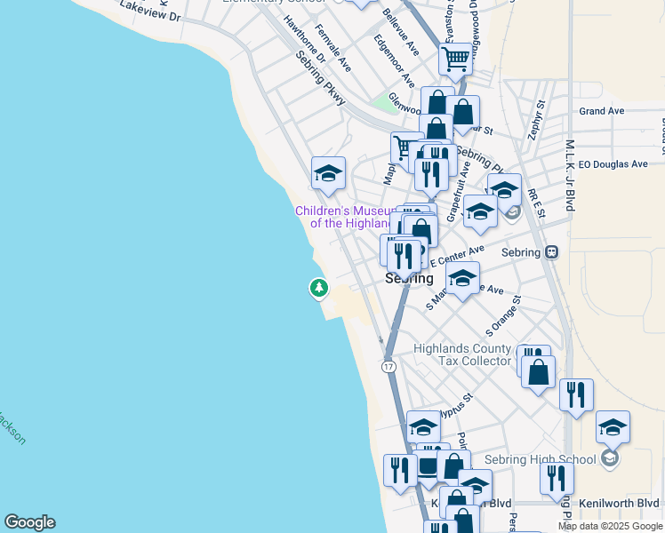 map of restaurants, bars, coffee shops, grocery stores, and more near 2143 Lakeview Drive in Sebring
