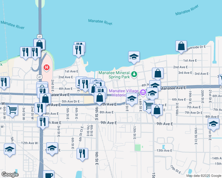 map of restaurants, bars, coffee shops, grocery stores, and more near 1016 3rd Avenue East in Bradenton