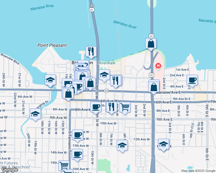 map of restaurants, bars, coffee shops, grocery stores, and more near 708 4th Avenue West in Bradenton