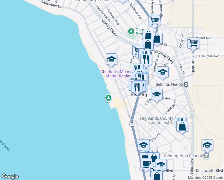 map of restaurants, bars, coffee shops, grocery stores, and more near 2143 Lakeview Drive in Sebring