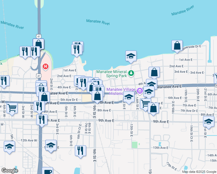 map of restaurants, bars, coffee shops, grocery stores, and more near 1016 3rd Avenue East in Bradenton