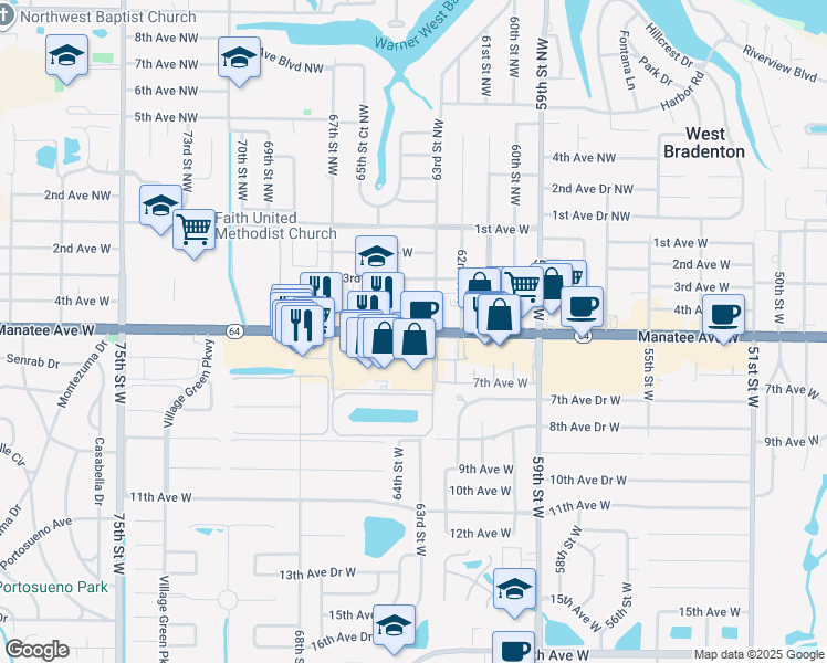 map of restaurants, bars, coffee shops, grocery stores, and more near 6404 Manatee Avenue West in Bradenton