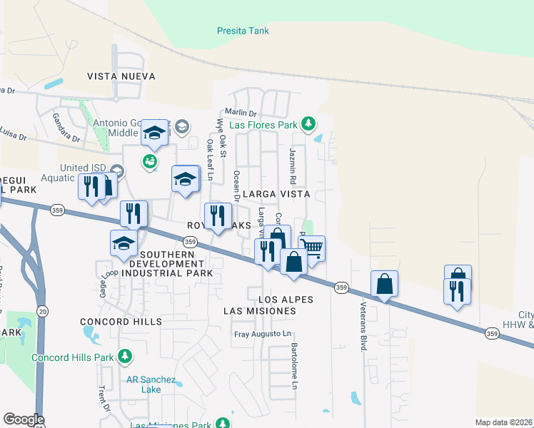 map of restaurants, bars, coffee shops, grocery stores, and more near 144 Larga Vista Drive in Laredo