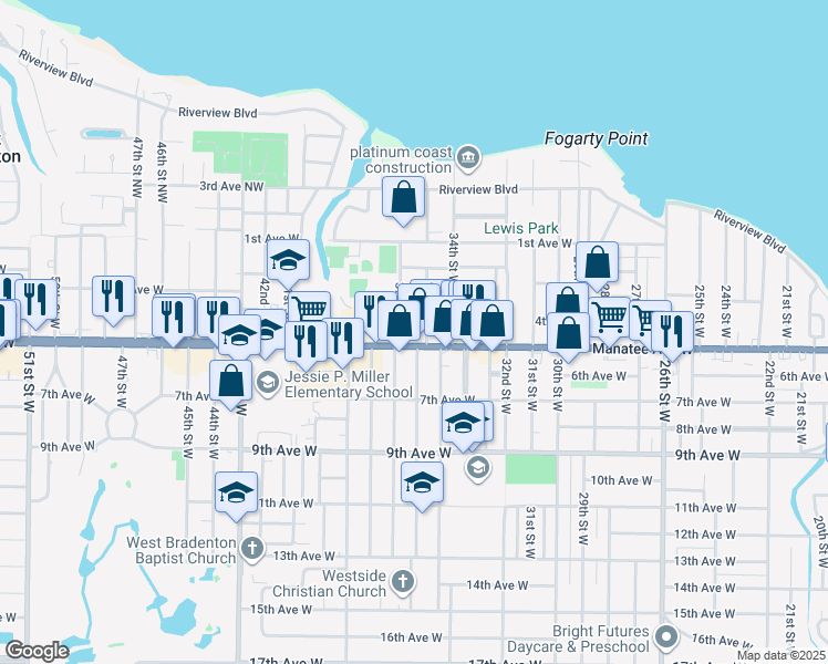 map of restaurants, bars, coffee shops, grocery stores, and more near 401 37th Street West in Bradenton