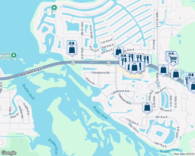 map of restaurants, bars, coffee shops, grocery stores, and more near 709 Hickory Lane in Bradenton