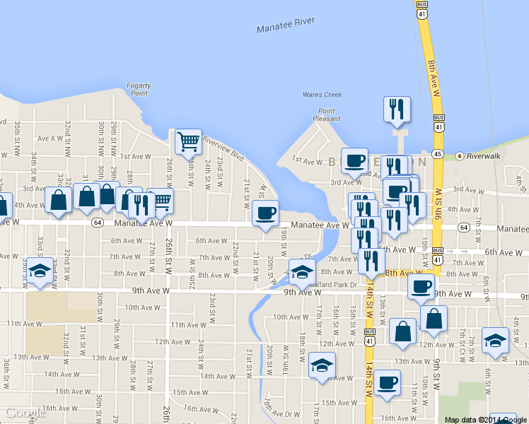 map of restaurants, bars, coffee shops, grocery stores, and more near 419 19th Street Court West in Bradenton