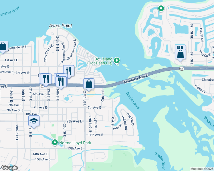 map of restaurants, bars, coffee shops, grocery stores, and more near 2901 Manatee Avenue East in Bradenton
