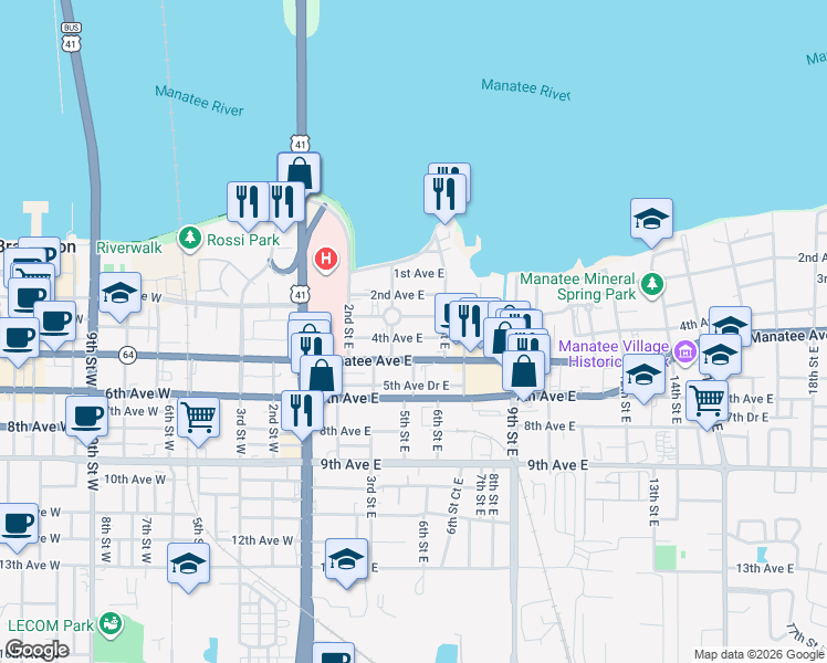 map of restaurants, bars, coffee shops, grocery stores, and more near 508 3rd Avenue East in Bradenton