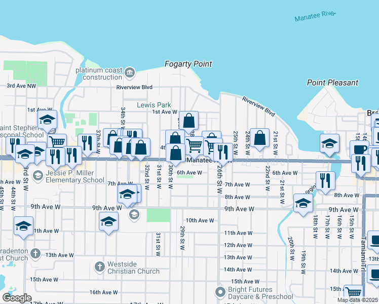 map of restaurants, bars, coffee shops, grocery stores, and more near 404 28th Street Northwest in Bradenton