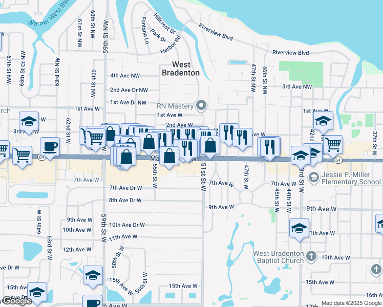 map of restaurants, bars, coffee shops, grocery stores, and more near 5107 4th Avenue West in Bradenton