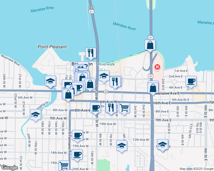 map of restaurants, bars, coffee shops, grocery stores, and more near 708 4th Avenue West in Bradenton