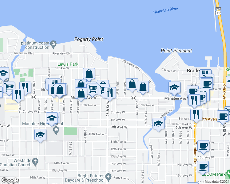 map of restaurants, bars, coffee shops, grocery stores, and more near 406 25th Street West in Bradenton