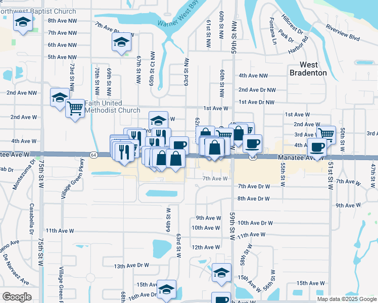 map of restaurants, bars, coffee shops, grocery stores, and more near 6220 Manatee Avenue West in Bradenton