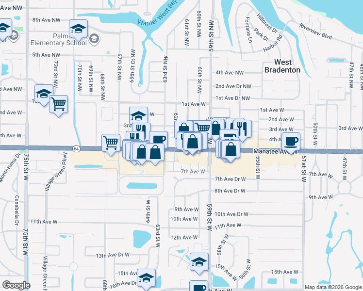 map of restaurants, bars, coffee shops, grocery stores, and more near 6114 Manatee Avenue West in Bradenton