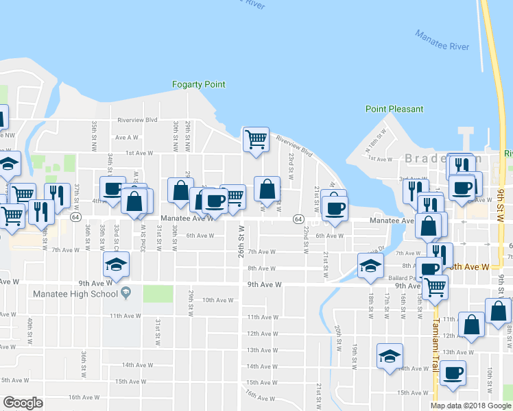 map of restaurants, bars, coffee shops, grocery stores, and more near 407 26th Street Northwest in Bradenton