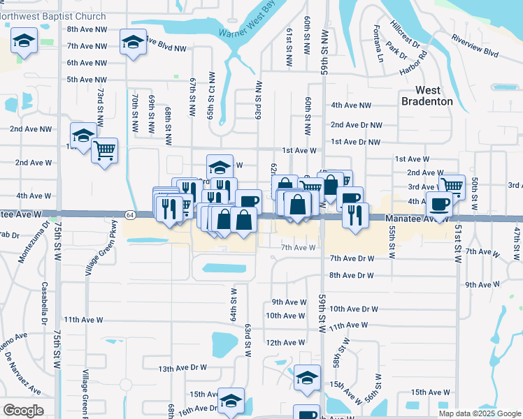 map of restaurants, bars, coffee shops, grocery stores, and more near 6220 Manatee Avenue West in Bradenton