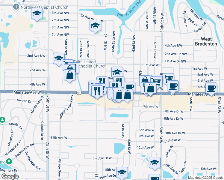 map of restaurants, bars, coffee shops, grocery stores, and more near 6500 Manatee Avenue West in Bradenton