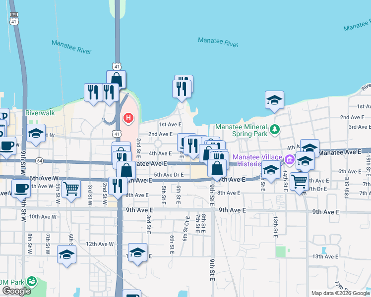 map of restaurants, bars, coffee shops, grocery stores, and more near 309 6th Street East in Bradenton