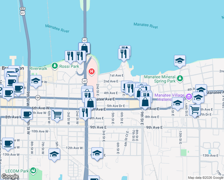 map of restaurants, bars, coffee shops, grocery stores, and more near 508 3rd Avenue East in Bradenton