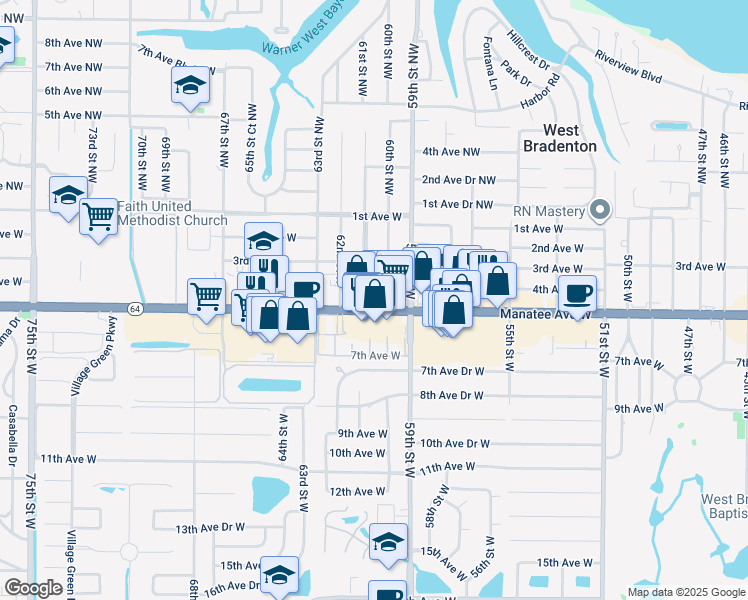 map of restaurants, bars, coffee shops, grocery stores, and more near 6006 Manatee Avenue West in Bradenton