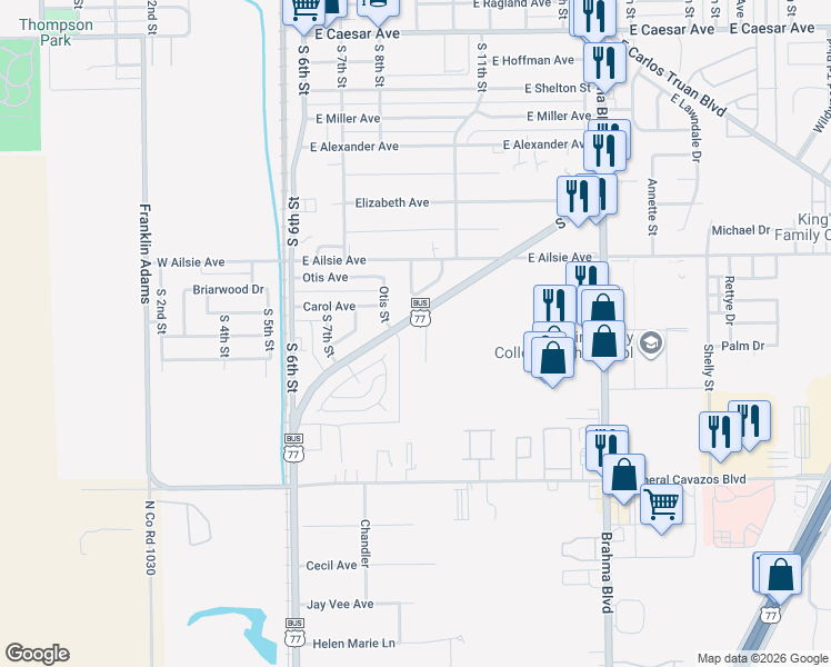 map of restaurants, bars, coffee shops, grocery stores, and more near 2107 Las Palmas Drive in Kingsville