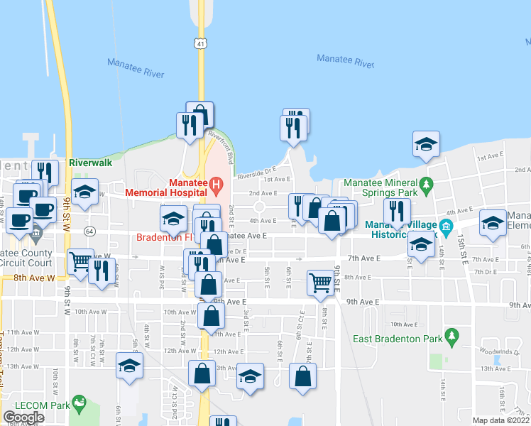 map of restaurants, bars, coffee shops, grocery stores, and more near 508 3rd Avenue East in Bradenton