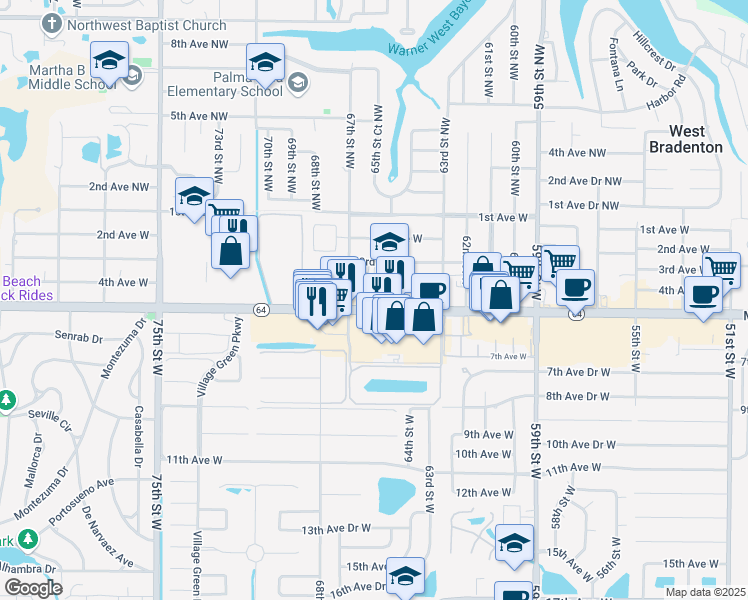 map of restaurants, bars, coffee shops, grocery stores, and more near 6500 Manatee Avenue West in Bradenton